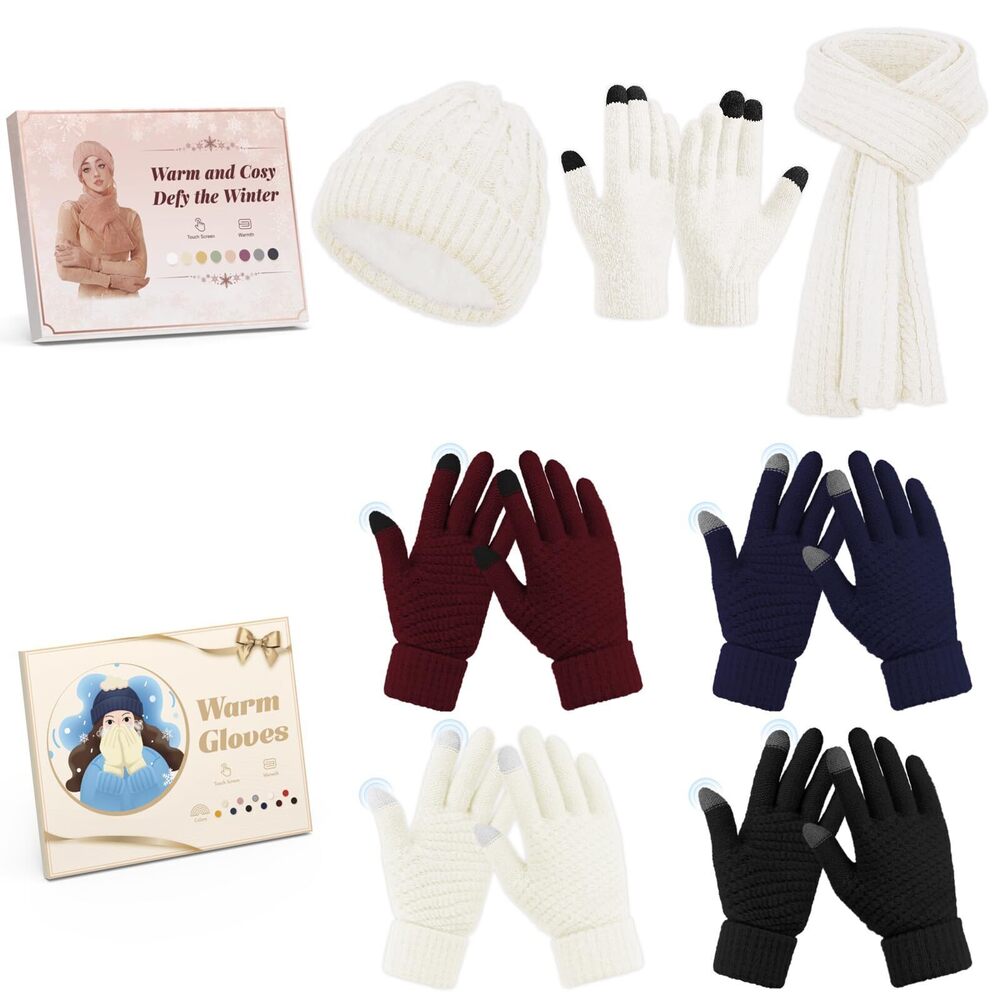 5591 4 Pairs Winter Gloves and 3 Pcs Winter Clothes Set with Beanie Hat
